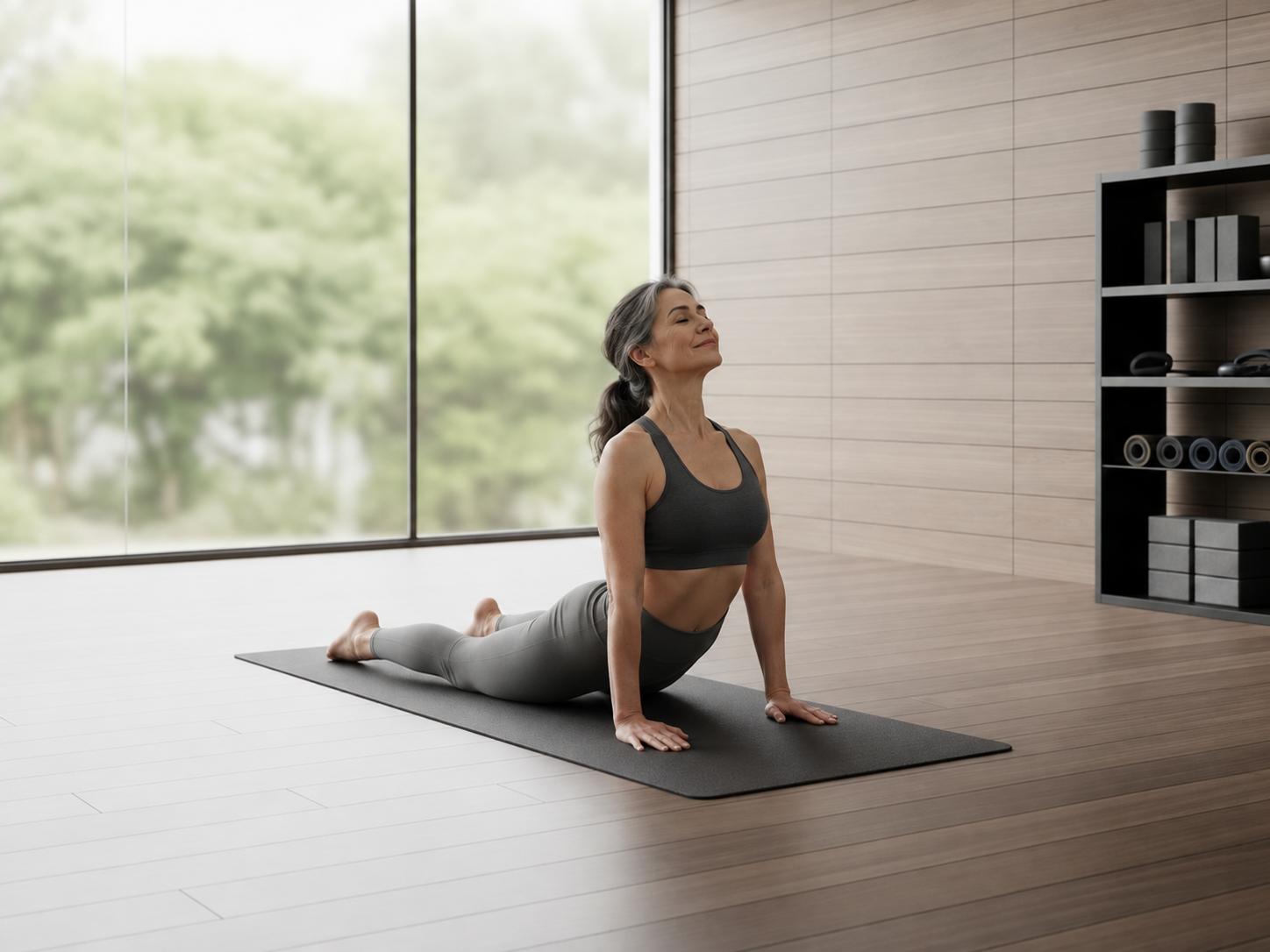 Woman in her 50s performing a mobility exercise